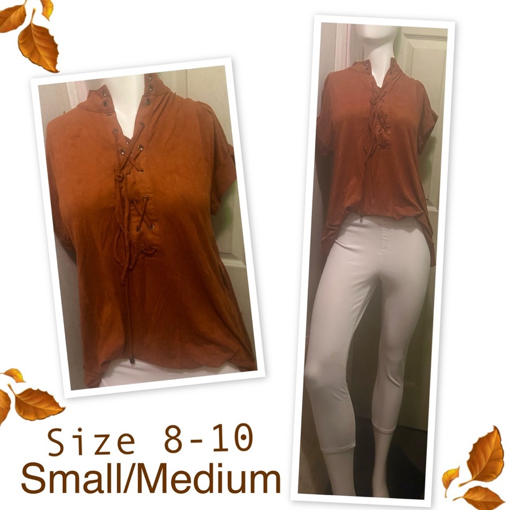 Simply Noelle Suede Rust Lace-Up Blouse w/White Capri